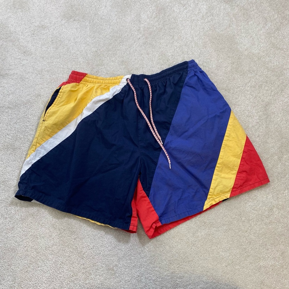 Mens Vintage Multicolor Swim Trunks Red Yellow Black White Baggy  90s large